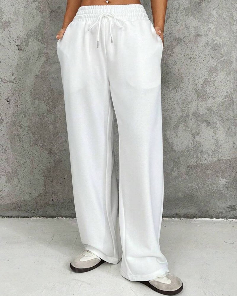 FLYNOFF White Korean Solid Loose Fit Women Track Pant - Image 1